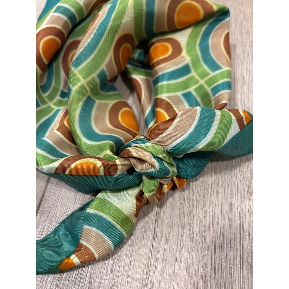 Vintage 70s Geometric Target Print Square Scarf Teal Orange Acetate Made Japan - Picture 2 of 5